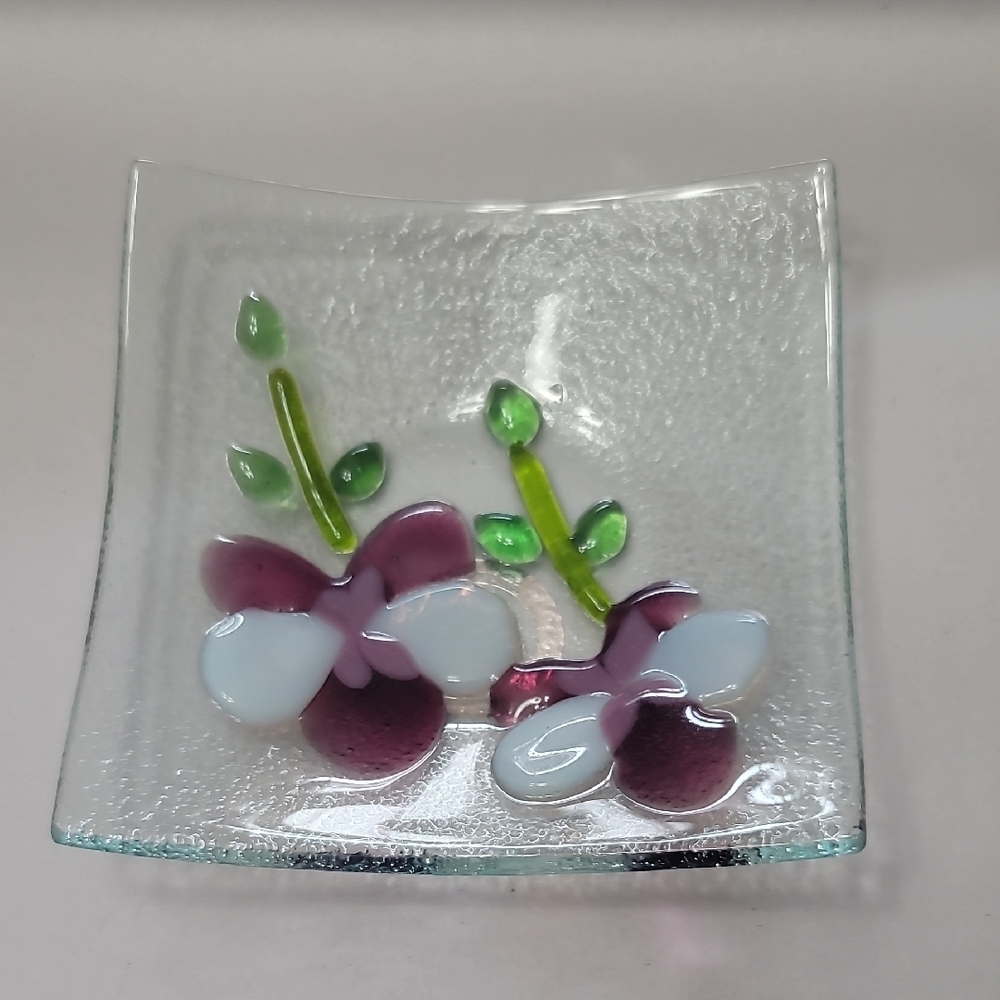 Hand Blown Glass Floral Decorative Trinket Dish